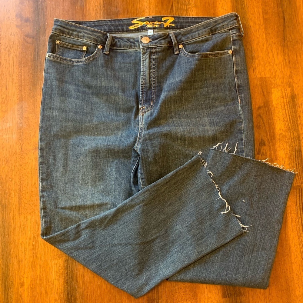 Seven 7 jeans. Size 16 medium blue wash Angled frayed hem. Button and zip close